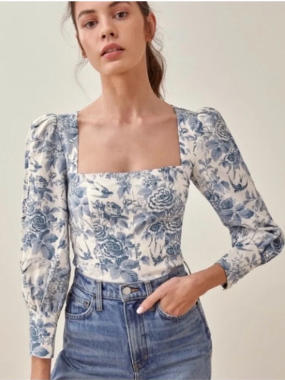 Reformation Stilton Linen Top White and Blue Floral Square-Neck Blouse